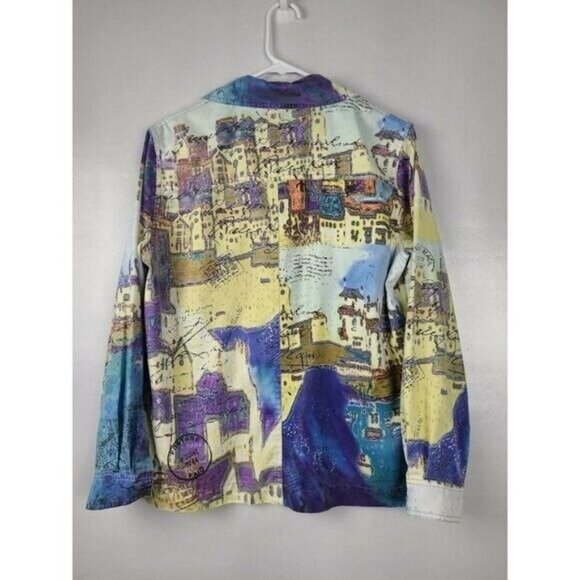 Chicos Womens Wearable Art Jacket Medium Yellow Blue Abstract Novelty Shacket - Picture 3 of 8